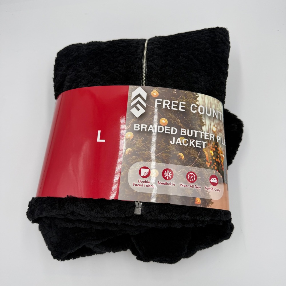 NWT Free Country Braided Butter Pile Fleece Jacket Black Faux Fur Womens Large